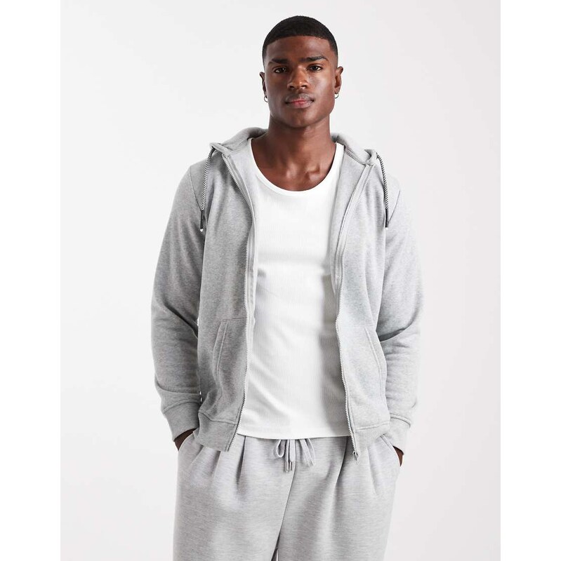 Brave Soul zip through hoodie with drawcords in light grey
