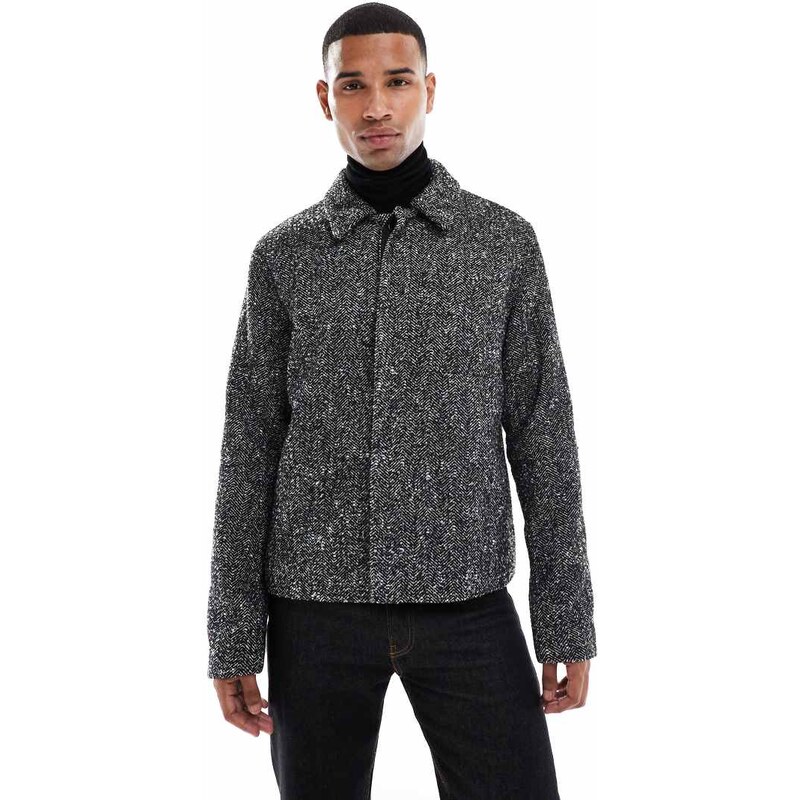 ASOS DESIGN wool look shacket in black herringbone