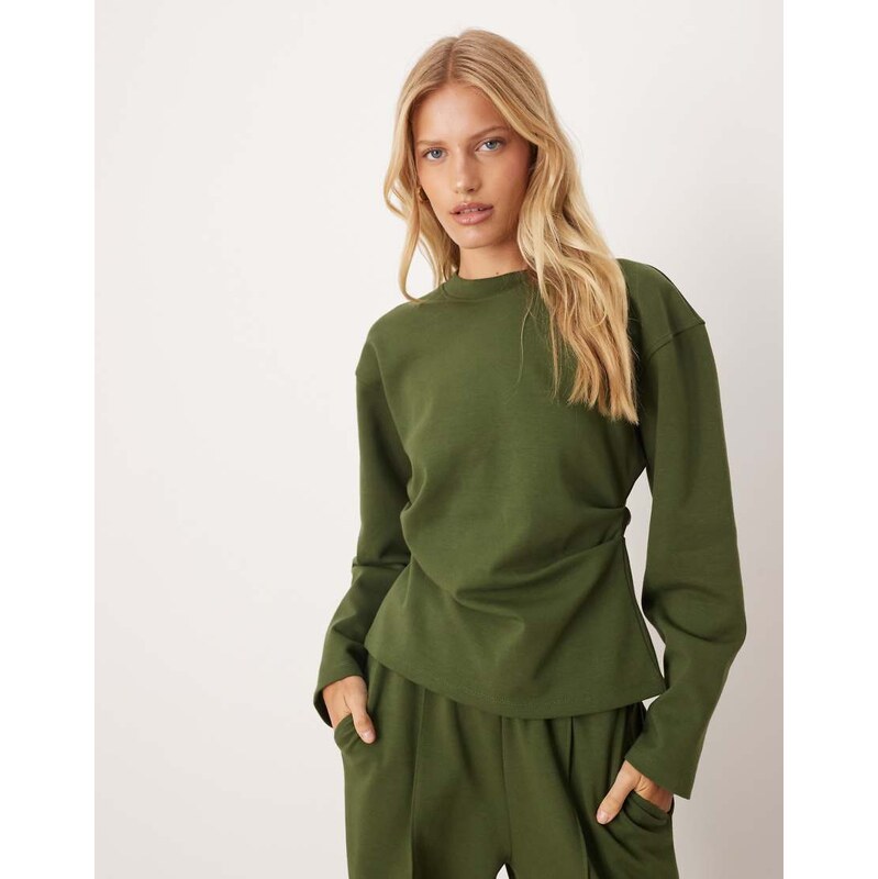 ASOS DESIGN co-ord interlock long sleeve corset waist top in khaki 108187433
