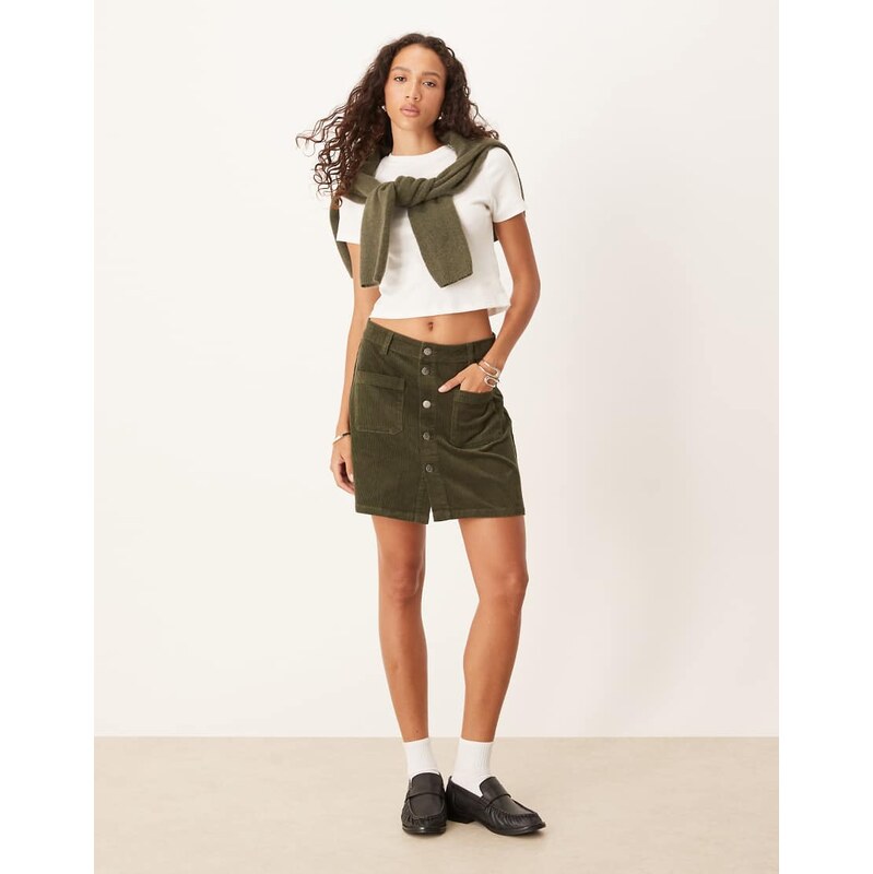 JDY cord button through mini skirt in khaki-Green