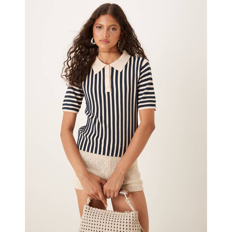 JDY stripe knitted polo in cream and navy-White 108187315