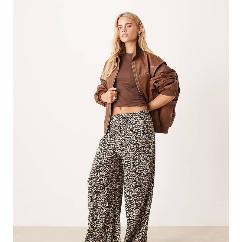 JDY Petite textured wide leg trousers in leo print-Neutral