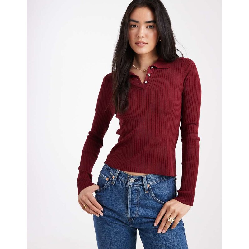 ONLY ribbed long sleeve polo in light burgundy-Red