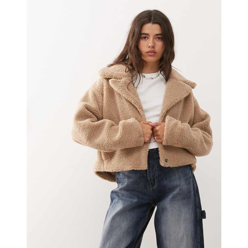 Noisy May cropped teddy jacket in beige-White 108187346