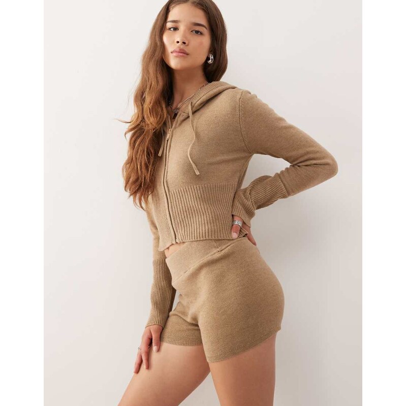 Noisy May knitted mini short co ord in light brown 108187350