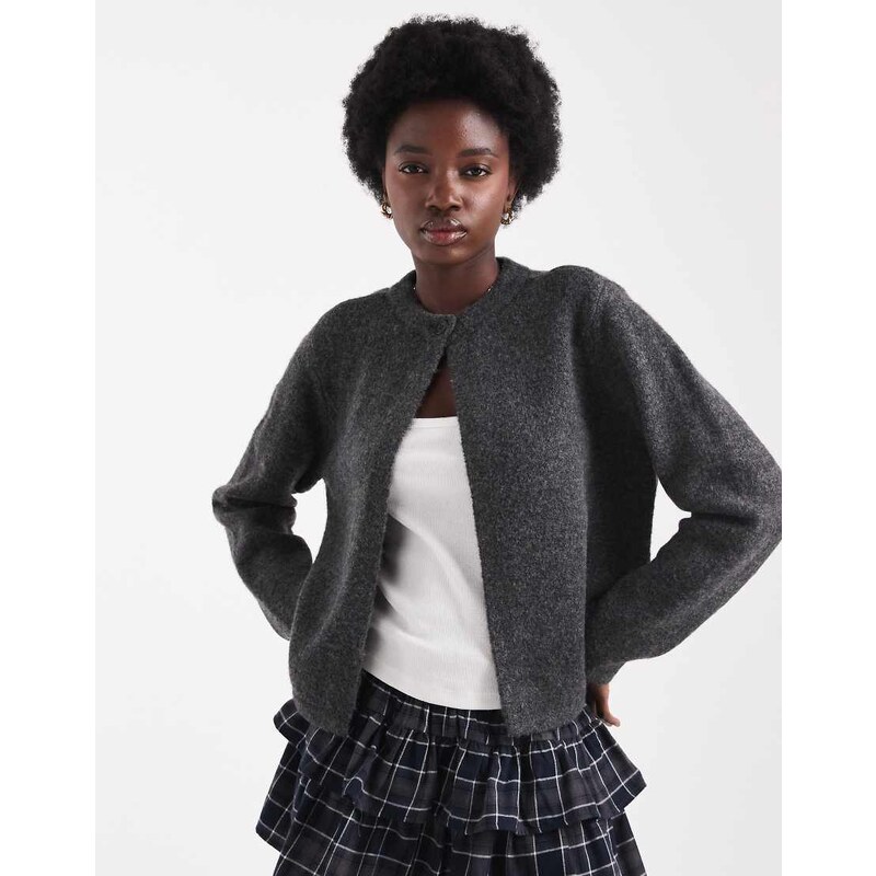 ONLY one button crew neck cardigan in dark grey 108187357