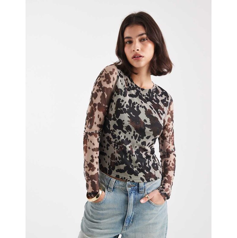 ONLY long sleeve mesh top in cow print-Brown