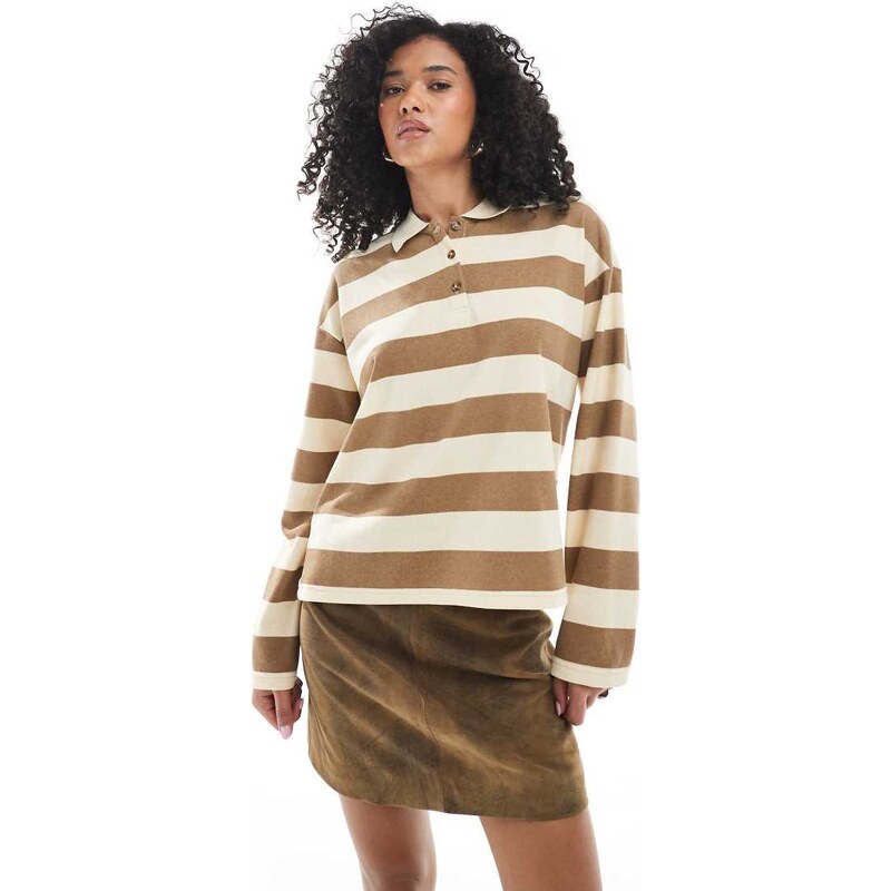 ONLY long sleeve polo sweatshirt in beige & brown stripe 108187367