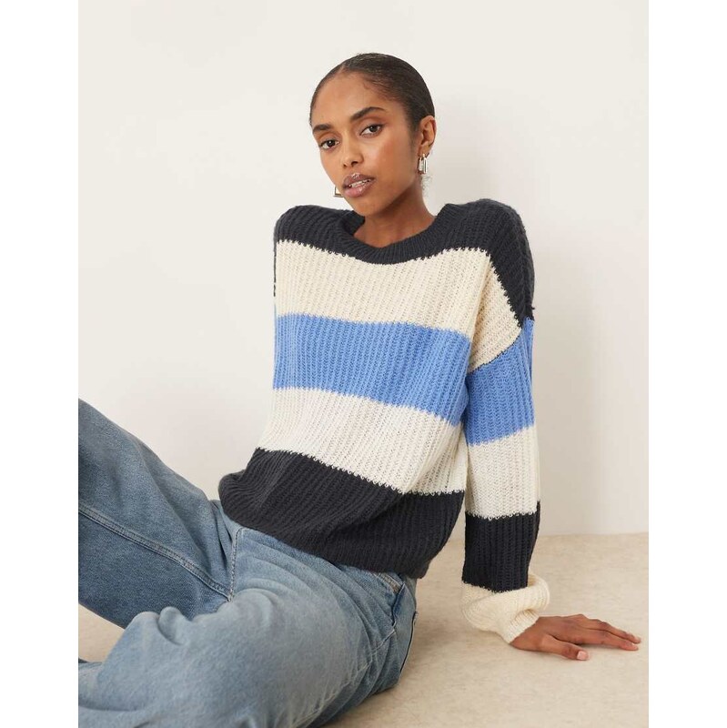 JDY knitted jumper in blue and cream stripe-Navy