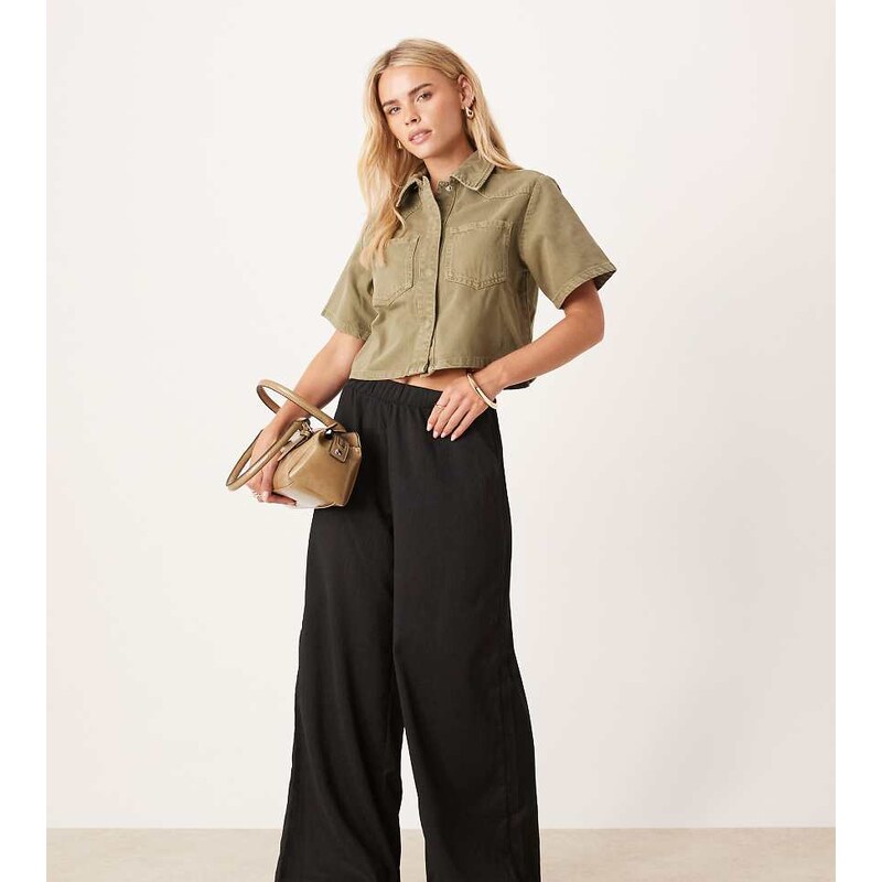 JDY Petite textured wide leg trousers in black 115513184