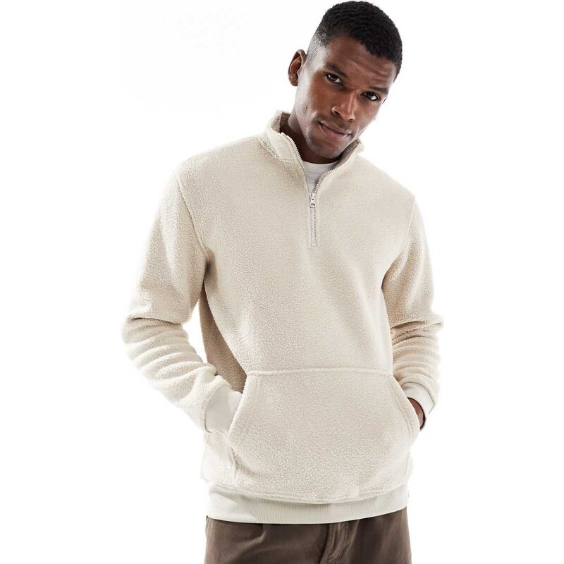 ONLY & SONS quarter zip fleece in stone-White