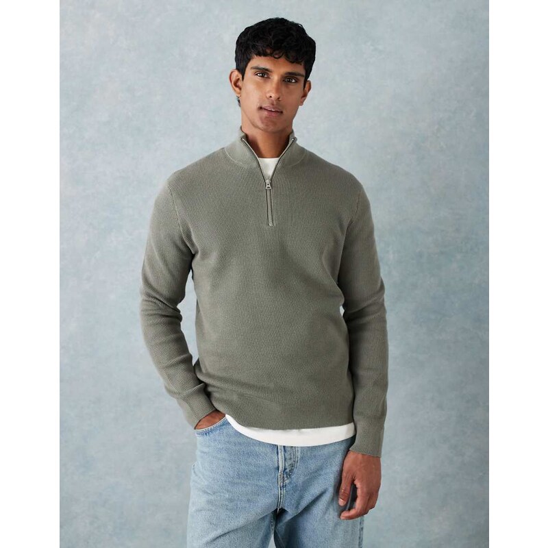 ONLY & SONS ribbed half zip jumper in green grey