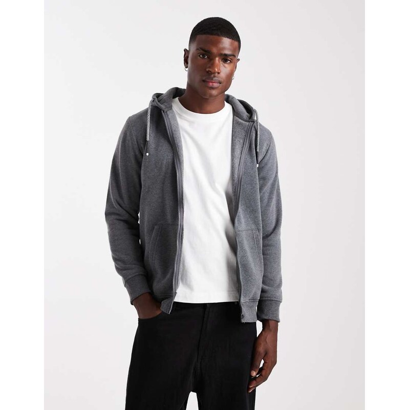 Brave Soul zip through hoodie with drawcords in charcoal grey