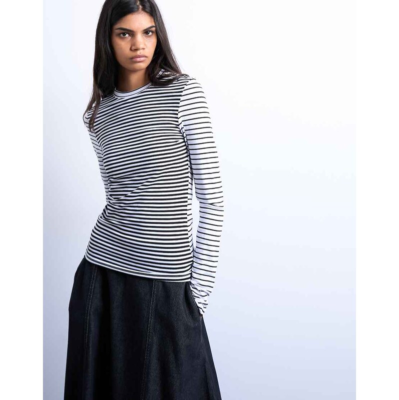 Topshop stripe contrast back long sleeve top in monochrome-Black 113263333