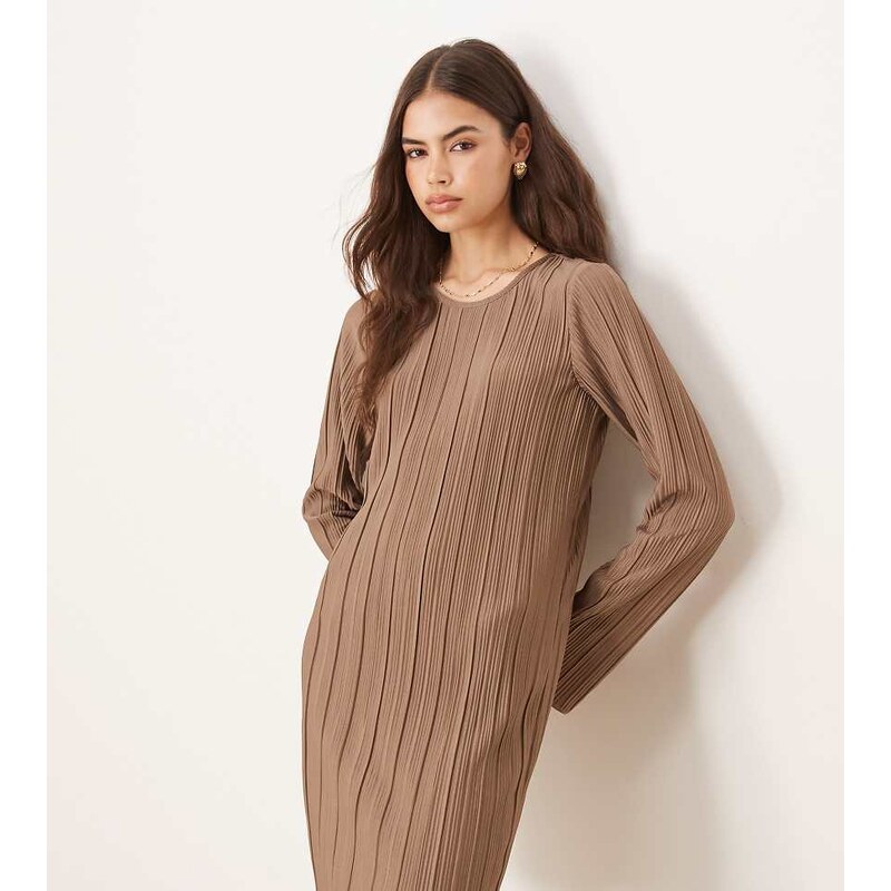 JDY Tall plisse flute sleeves mini dress in light brown 108784059