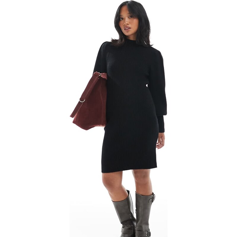 ONLY Petite high neck puff sleeve mini jumper dress in black