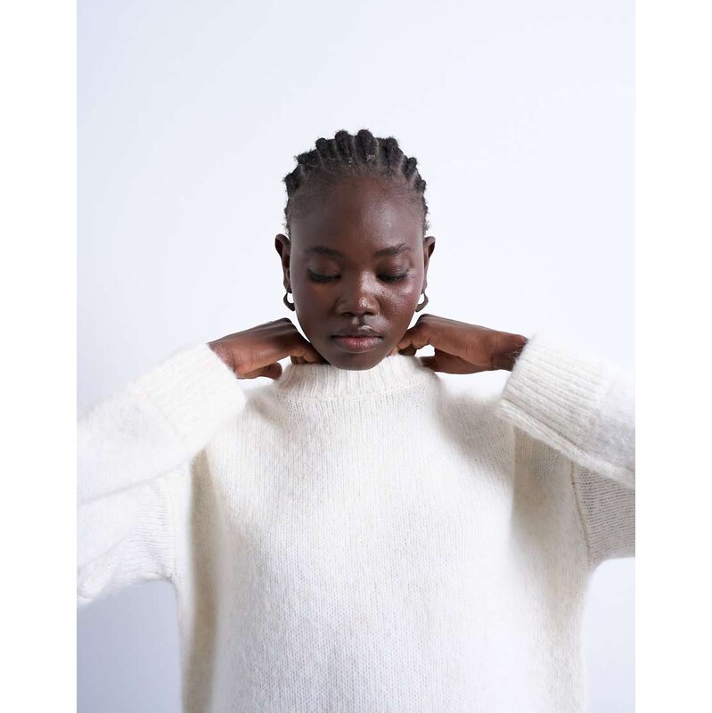 Topshop knitted boxy fluffy crew neck jumper in snow-White 108189906