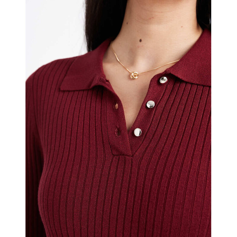 ONLY ribbed long sleeve polo in light burgundy-Red
