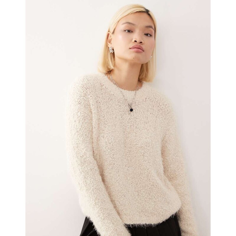 Noisy May crew neck fluffy knit jumper in cream-White 108189956