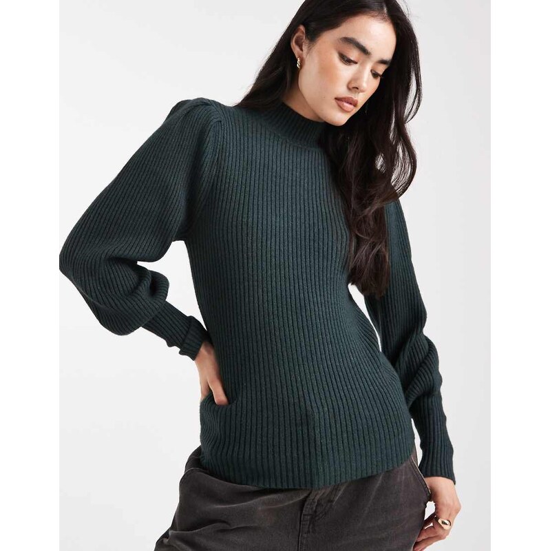 ONLY high neck puffy sleeves jumper in dark green