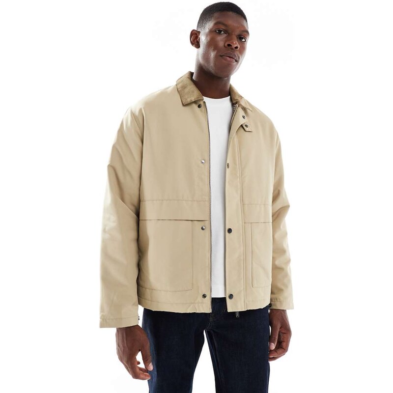 ONLY & SONS cord collar padded coach jacket in beige-Neutral