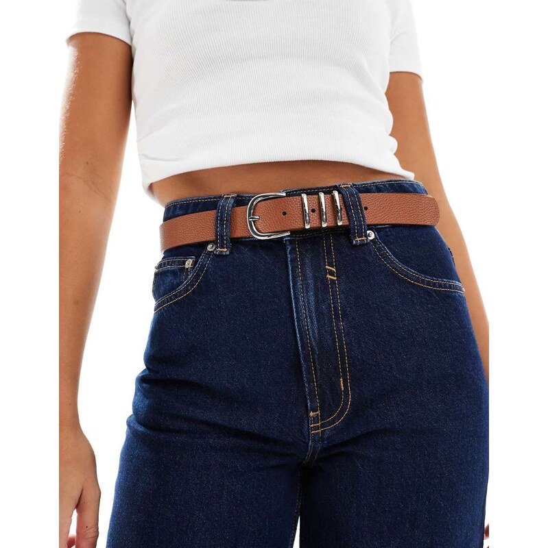 ONLY faux leather jeans belt with silver buckle in tan-Brown 115515446
