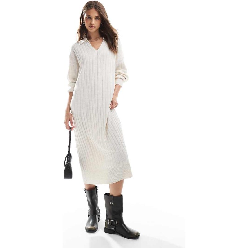 ONLY polo neck knitted midi dress in stone-Neutral