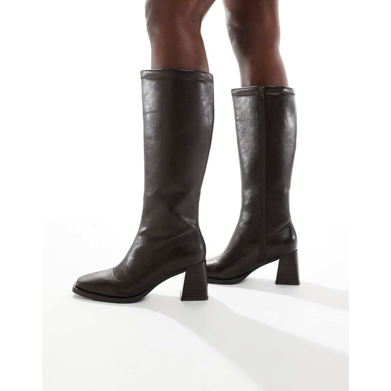 London Rebel Isla block heeled knee boots in chocolate-Brown 108319909
