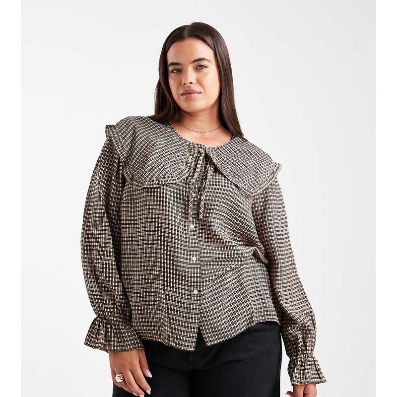 New Look Plus New Look Curve frill oversized collar check shirt in 108199825