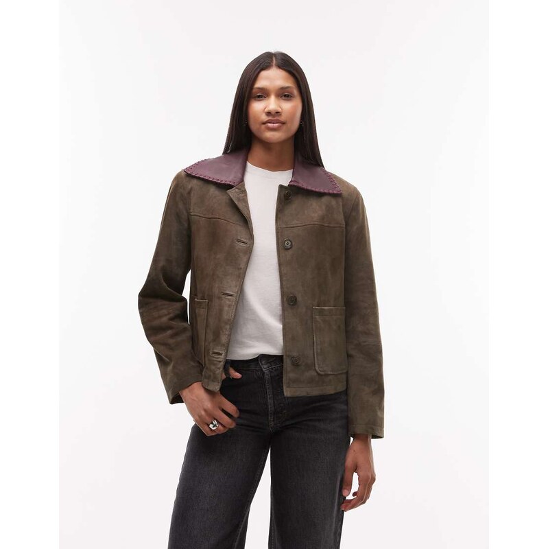 Urbancode contrast collar suede boxy jacket in khaki-Green 108228682