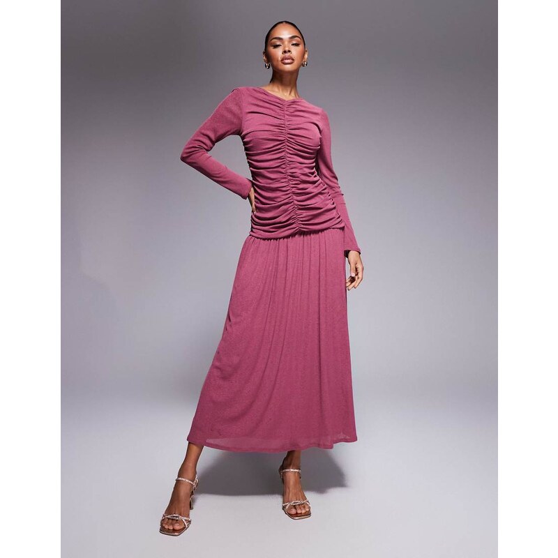 ASOS DESIGN textured ribbed long sleeve ruched front maxi dress