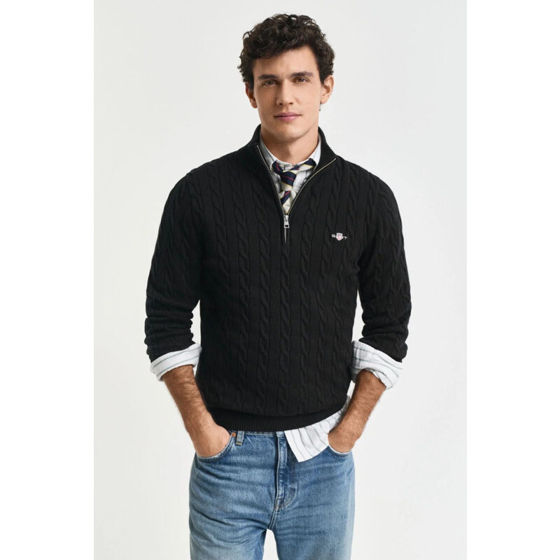 SVETR GANT COTTON CABLE HALF ZIP BLACK