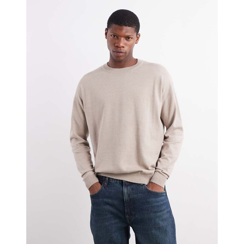 ASOS DESIGN relaxed long sleeve knitted crew neck t-shirt in stone marl-Neutral