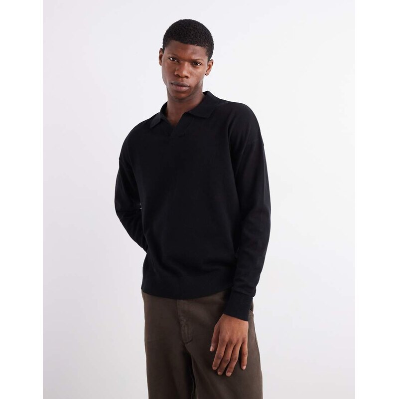ASOS DESIGN relaxed long sleeve knitted notch neck polo in black