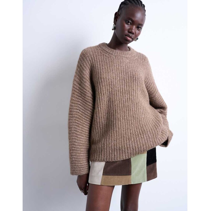 Topshop knitted ribbed balloon sleeve jumper in brown 108189907