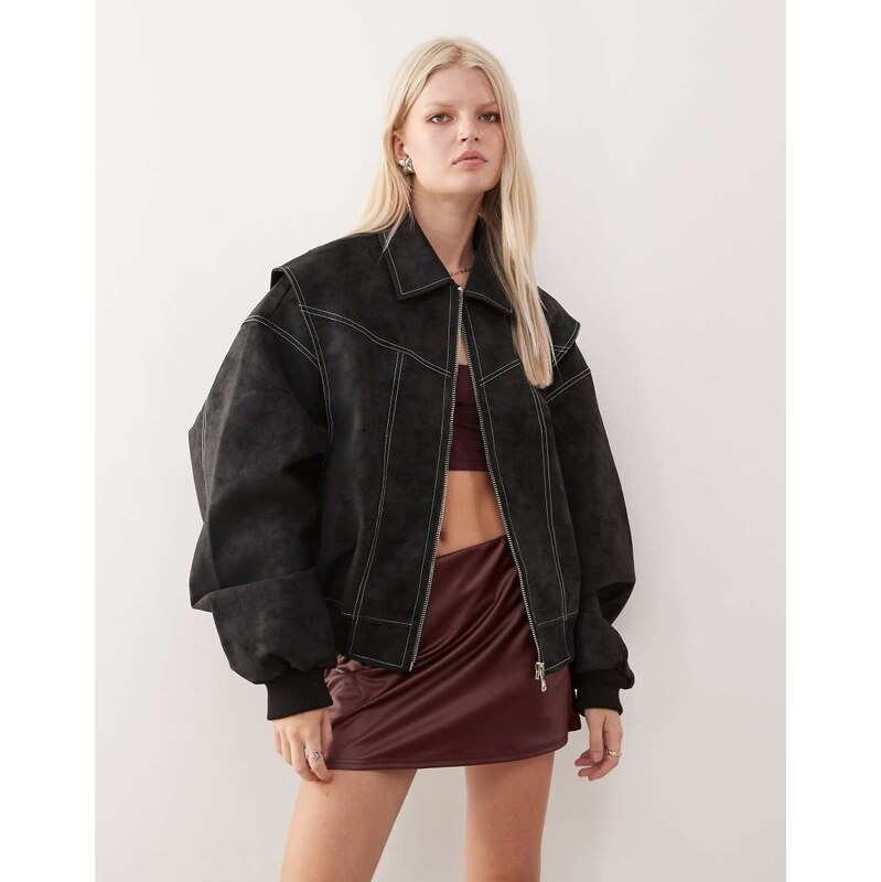 Lioness Vista leather look contrast stitch bomber jacket in black 115165012