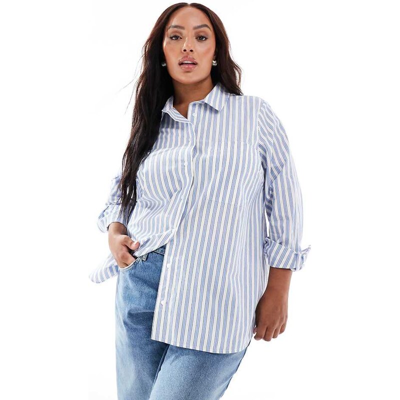 New Look Plus New Look Curve stripe pocket shirt in blue