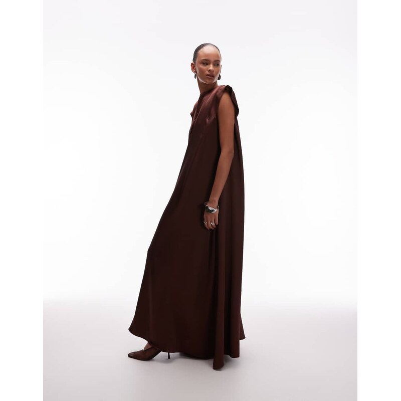 ASOS DESIGN power shoulder satin maxi dress in chocolate-Brown 108228897