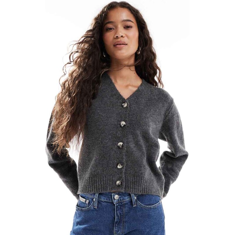 ASOS DESIGN knitted cardigan with pleat sleeve in grey