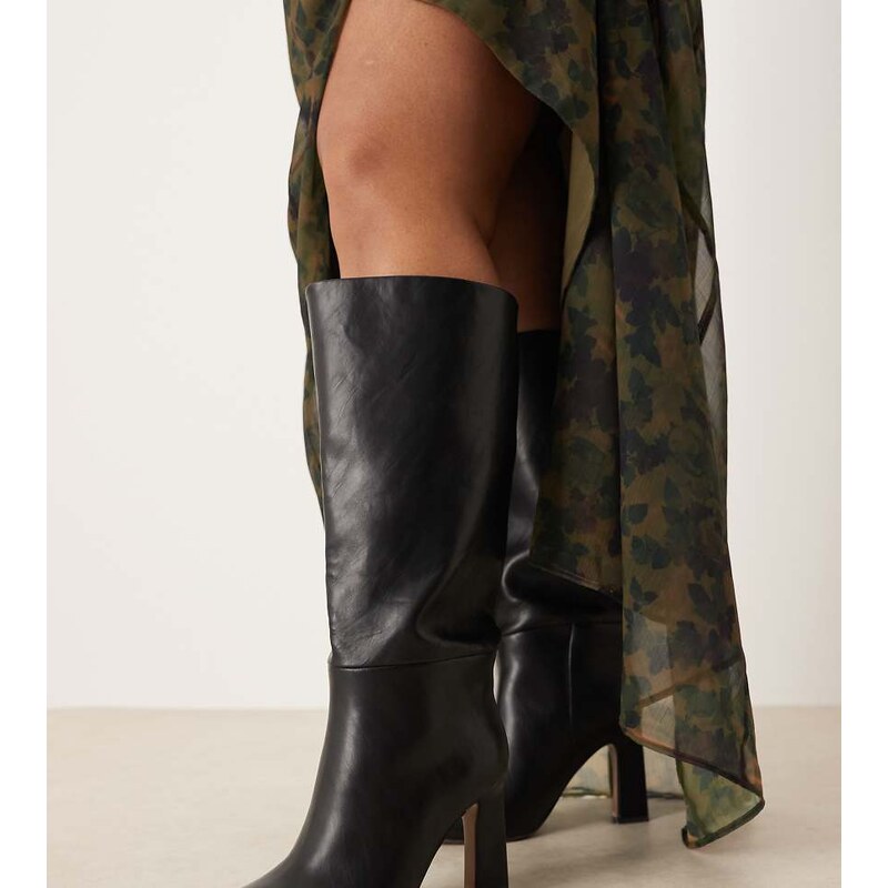 ASOS DESIGN Curve Carly block heel pull on knee boots in black 108199582