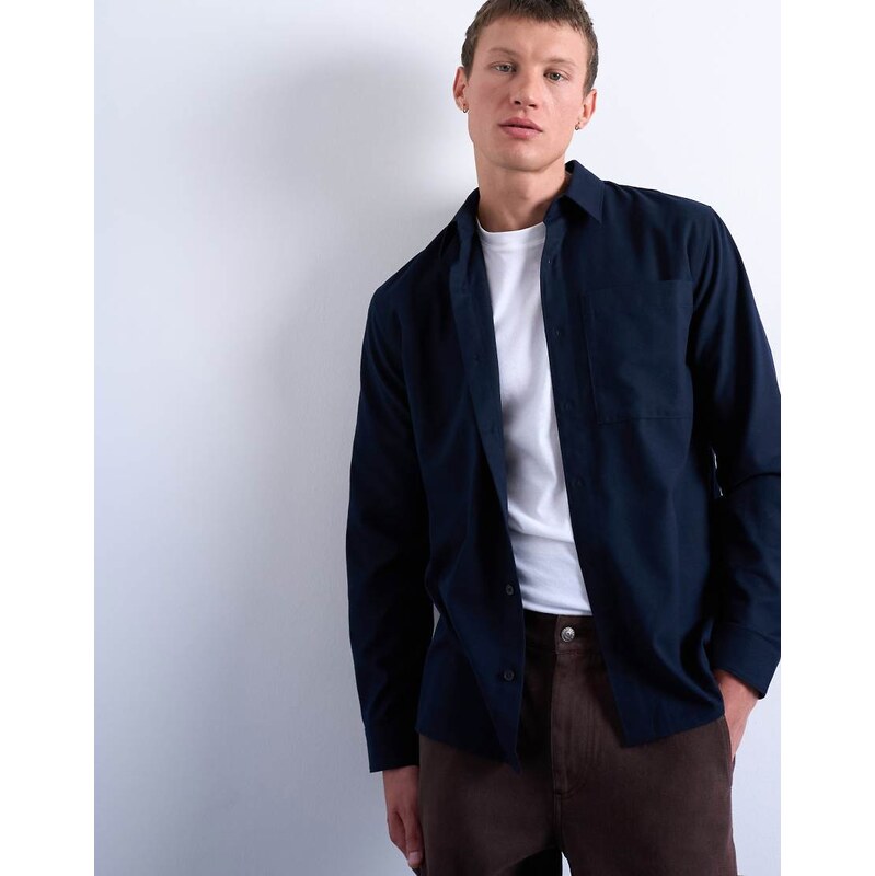 Topman regular fit flannel shirt in navy