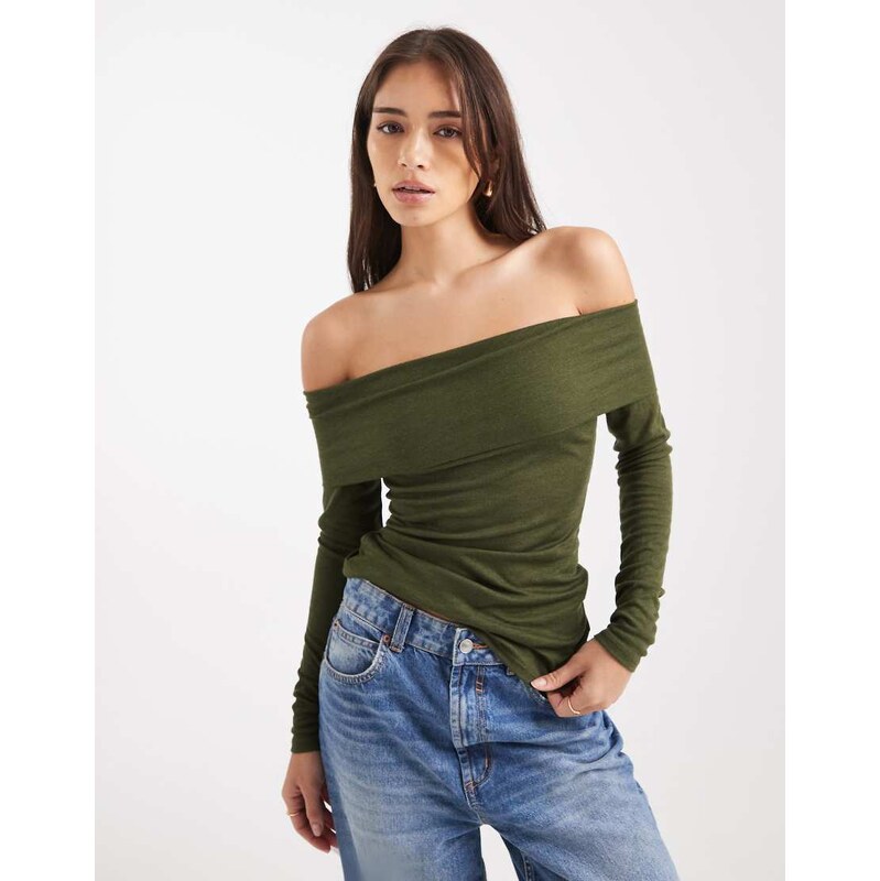 Miss Selfridge fine knit bardot top in olive-Green