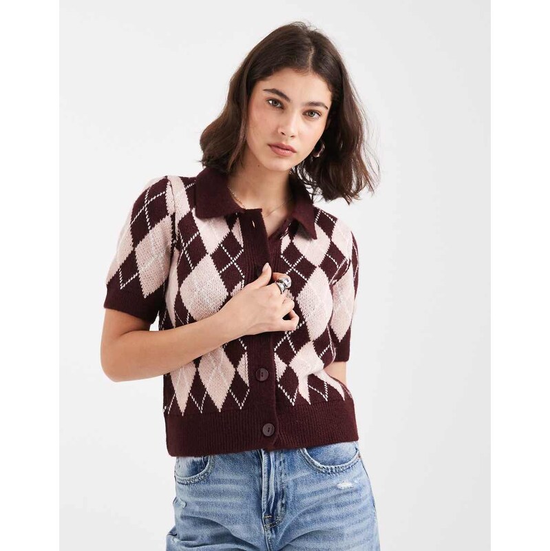 Vero Moda short sleeve polo neck cardigan in pink and burgundy argyle 115512883