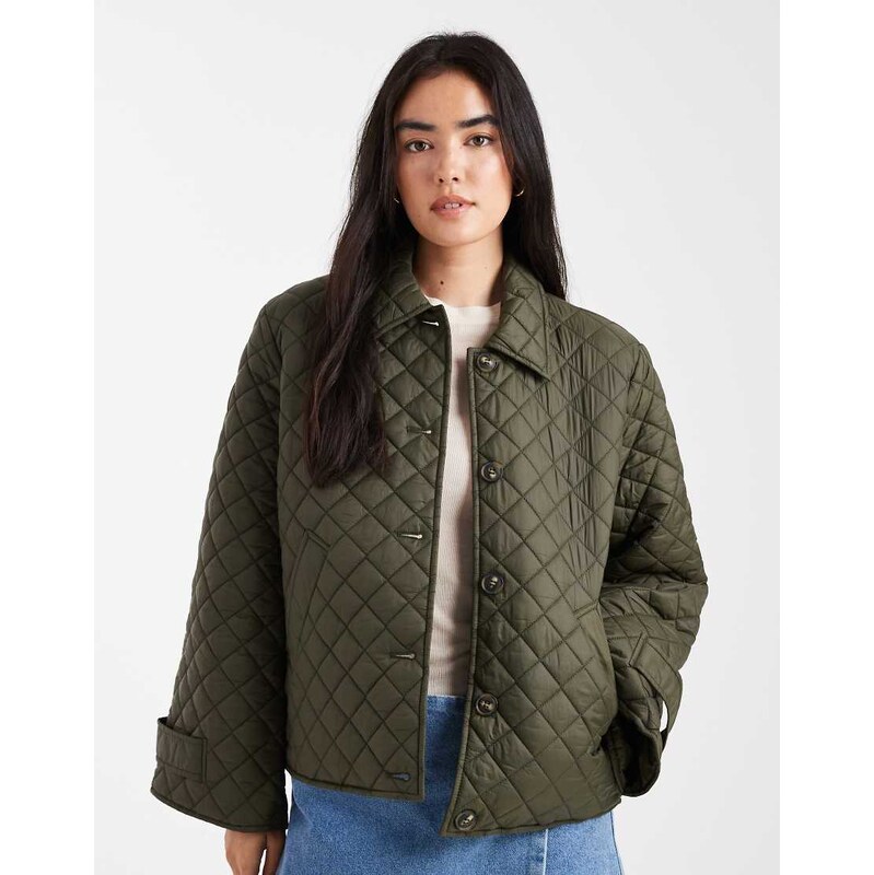 Vero Moda button down quilted jacket in deep khaki-Green 108199648