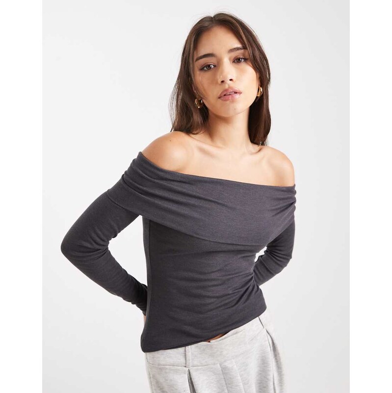 Miss Selfridge fine knit bardot top in charcoal-Grey