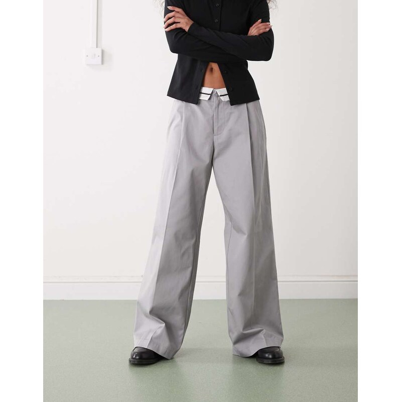 Monki wide leg twill trousers with turn over waist in dark grey