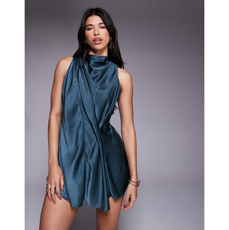 ASOS DESIGN high neck drape satin playsuit in teal-Blue