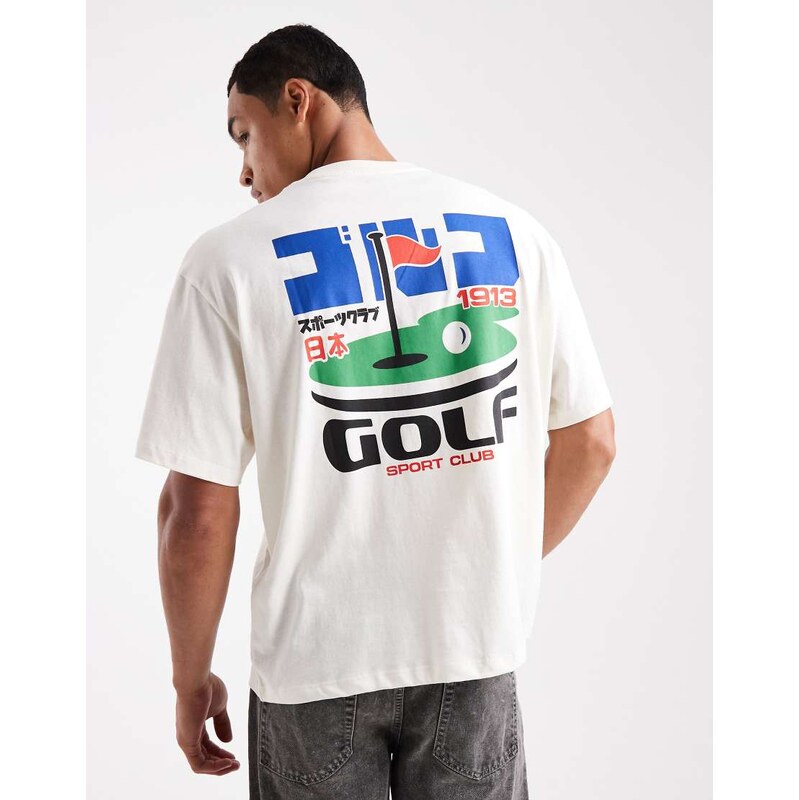 Jack & Jones oversized t-shirt with golf print in cream-White