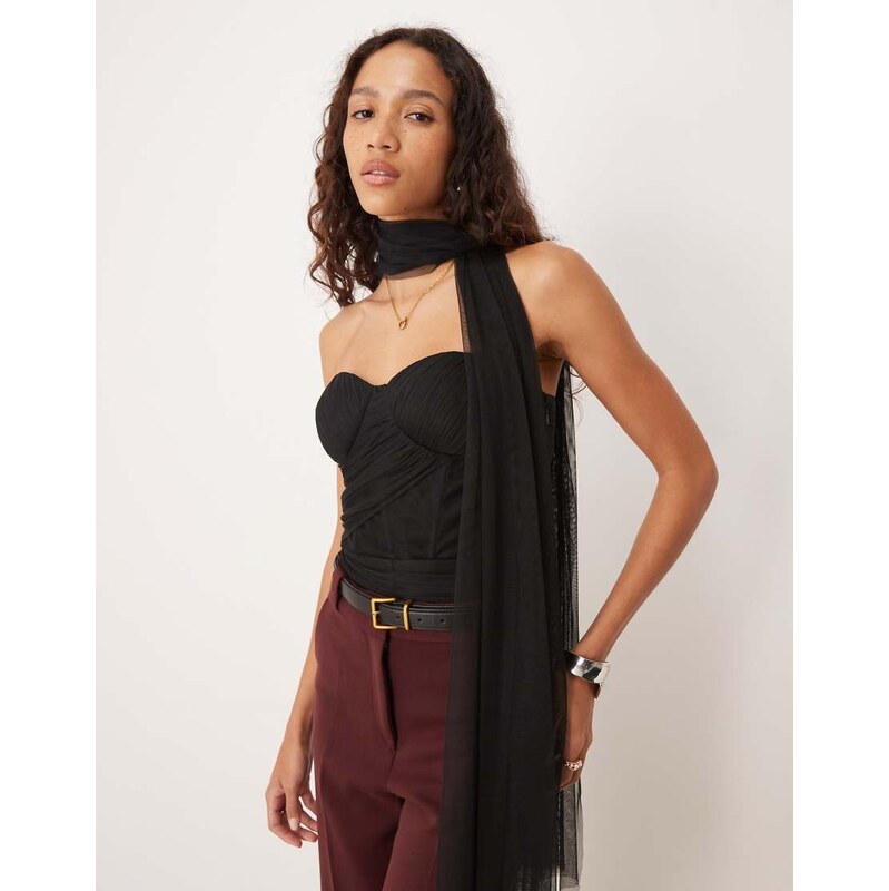 Lace & Beads scarf neck tulle corset bodysuit in black 115746219
