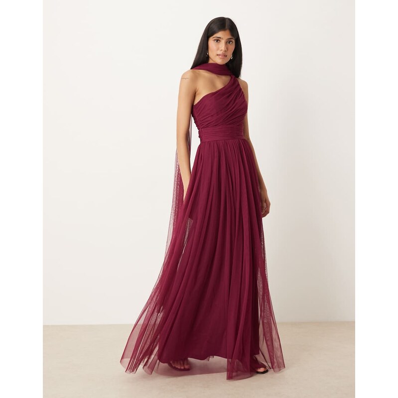 Lace & Beads Bridesmaid one shoulder scarf neck maxi dress in